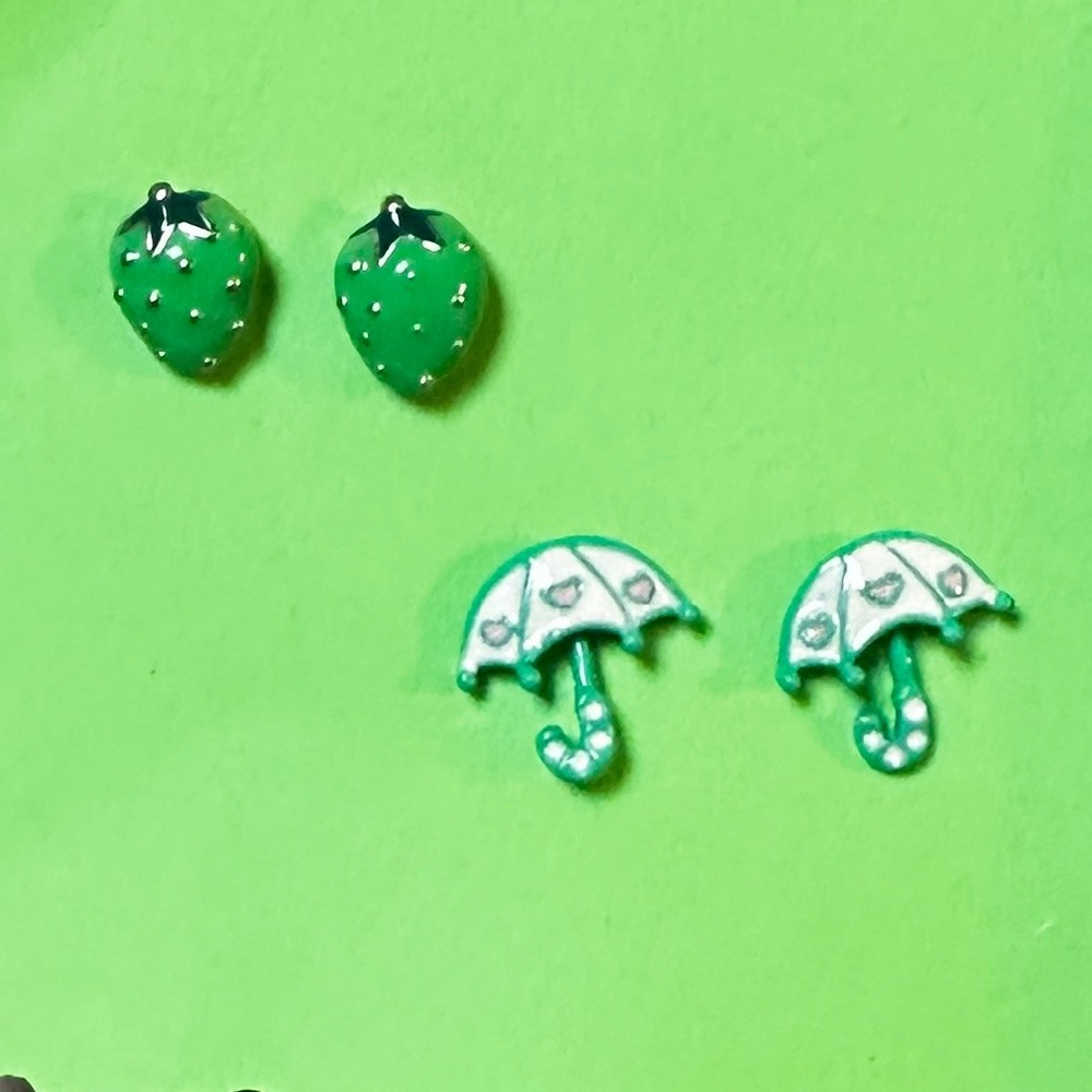 Strawberry Picking / Mothers Day April May earrings - small studs berry umbrella